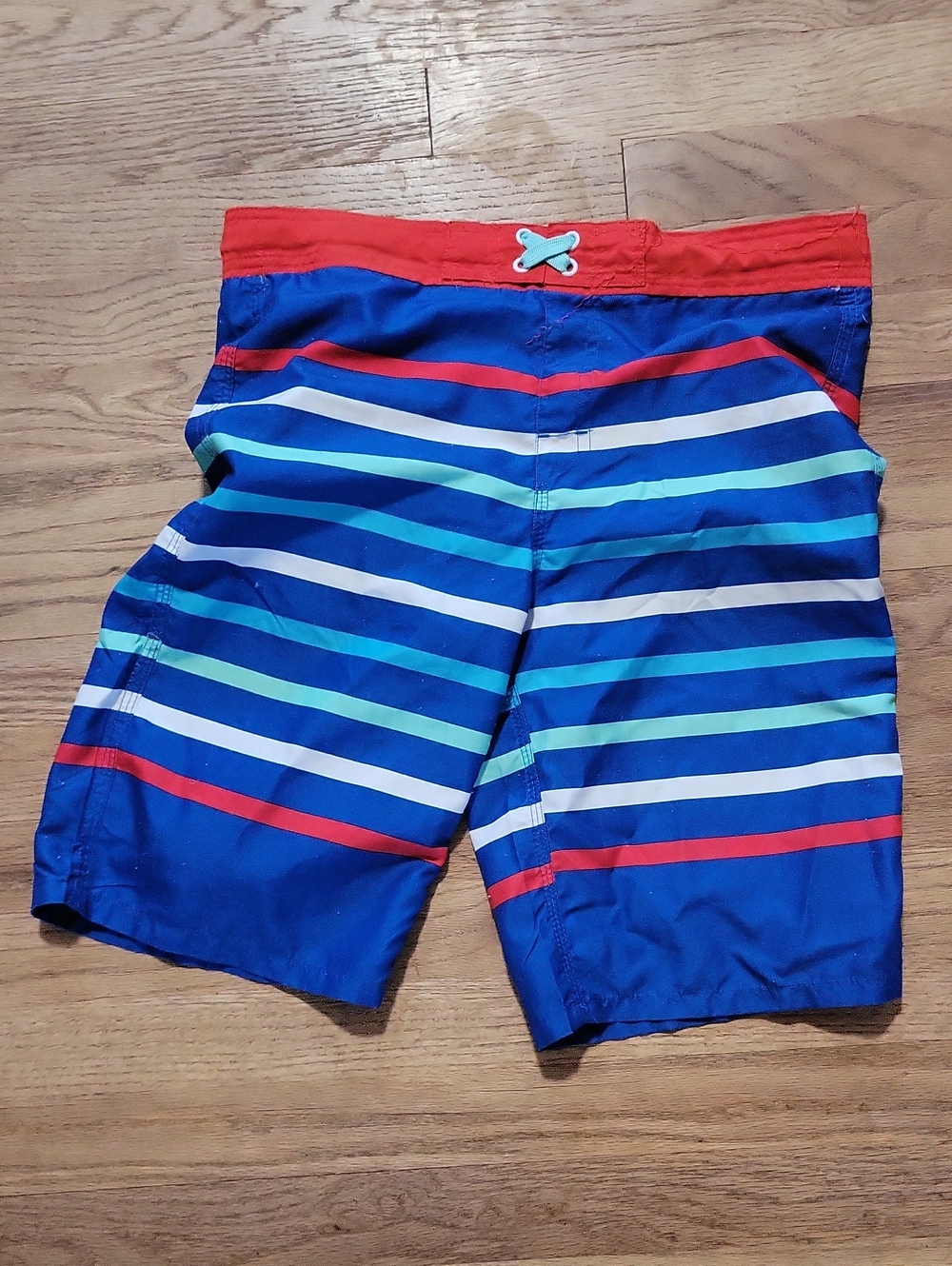 Arizona Sz L (14-16) Kids Blue Striped Swim Trunks with Red Waistband